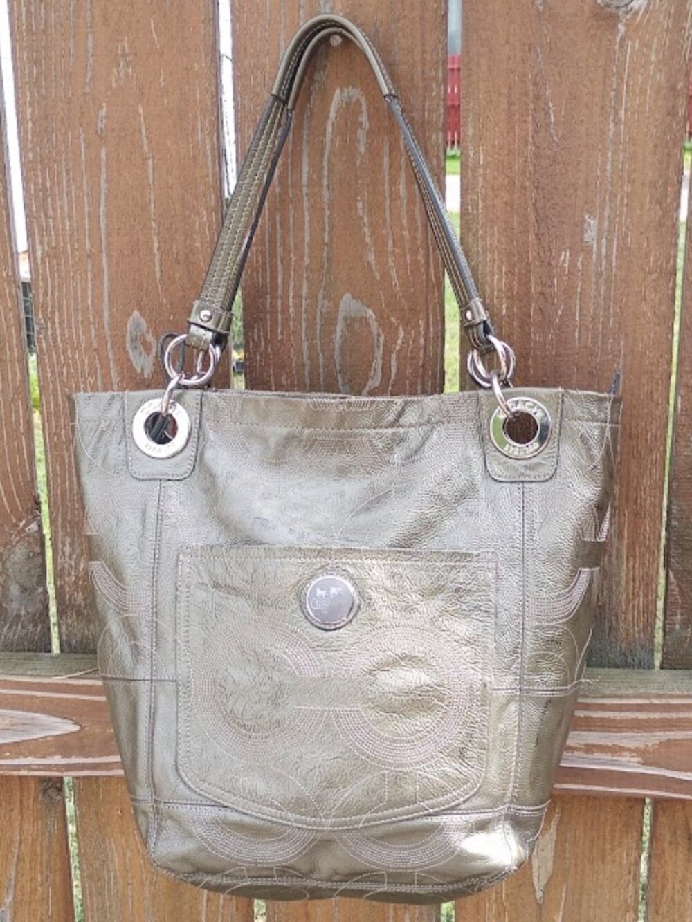 Coach Alex 14265 Pewter Metallic Leather Op Art Shoulder Bag